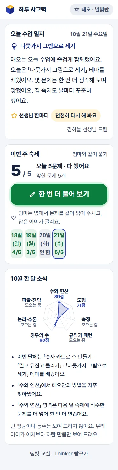 엄마 휴대폰: 오늘 수업 일지 · 이번 주 숙제 · 한 달 소식