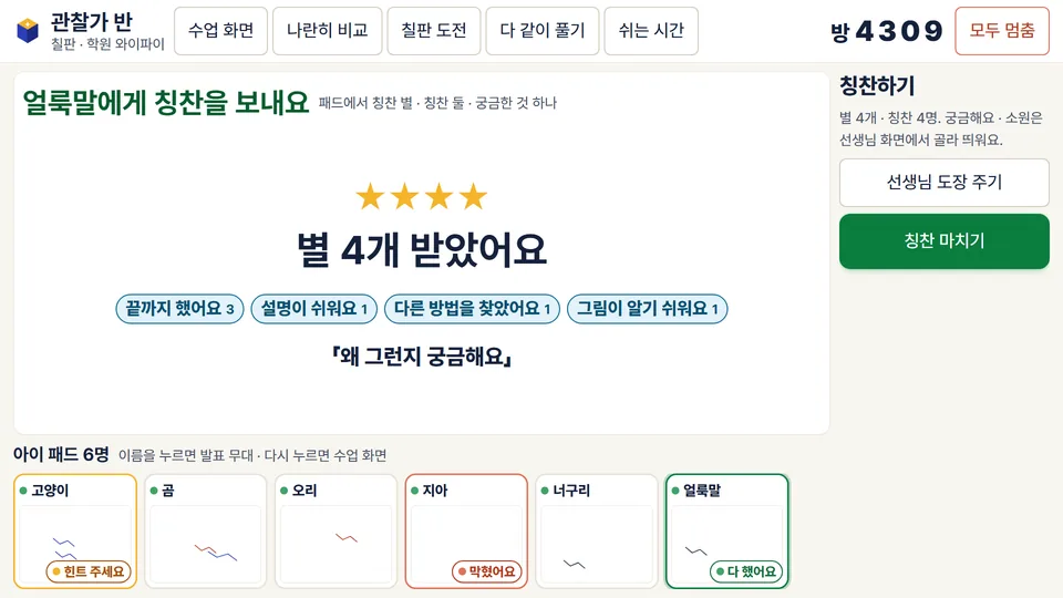 칠판 「칭찬하기」 — 친구들이 보낸 별과 칭찬 칩
